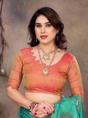 Fancy Banarasi Handloom Silk Green Saree With Matching Orange Blouse And Border