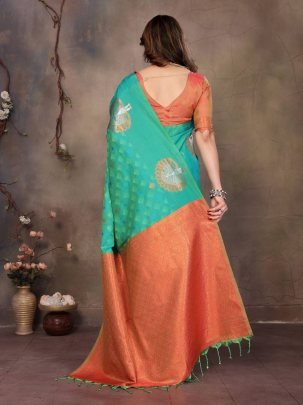 Fancy Banarasi Handloom Silk Green Saree With Matching Orange Blouse And Border
