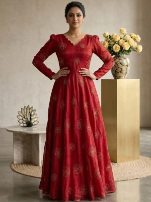 Fancy Beads Work Red Colour Gown