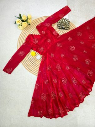 Fancy Beads Work Red Colour Gown