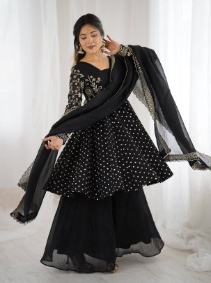 Fancy Black Crunchy Silk Embroidered Sequence Work Sharara Suit