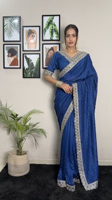 Fancy Blue Vichitra Silk Saree With Embroidery Work And Swarovski Detailing