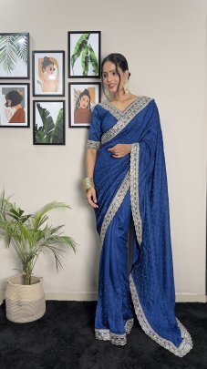 Fancy Blue Vichitra Silk Saree With Embroidery Work And Swarovski Detailing