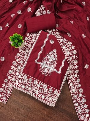 Fancy Chanderi Maroon Dress Material With Chanderi Dupatta