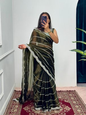 Fancy Dark Green Burberry Saree With Cut Work Border