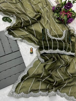 Fancy Dark Green Burberry Saree With Cut Work Border