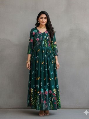 Fancy Green 3 Meter Flavor Printed Full Sleeve One Peace Dress
