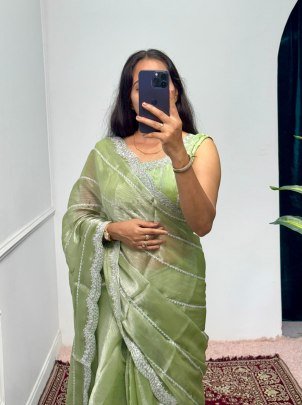 Fancy Green Burberry Saree With Heavy Zari Embroidery