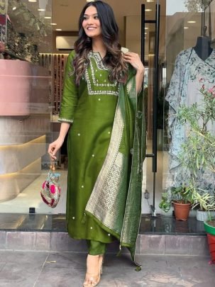 Fancy Green Cotton Slub Embroidered Kurta Pant Jacquard Dupatta