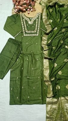 Fancy Green Cotton Slub Embroidered Kurta Pant Jacquard Dupatta