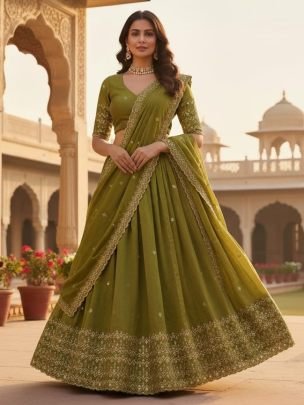 Fancy Green Pure Simmer Tissue Silk Gotta Work Chaniya Choli With 4 Meter Flare And Heavy Canvas