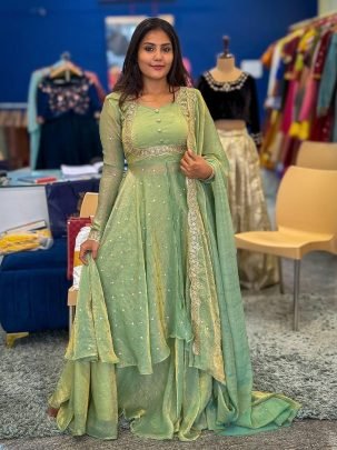 Fancy Green Vichitra Silk Embroidered Cape Top Sharara Suit