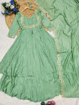 Fancy Green Vichitra Silk Embroidered Cape Top Sharara Suit