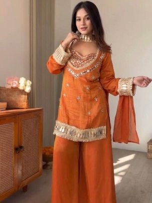 Fancy  Lace Border Work  Orange  Palazzo Suit