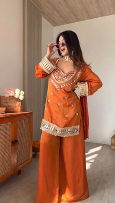 Fancy  Lace Border Work  Orange  Palazzo Suit