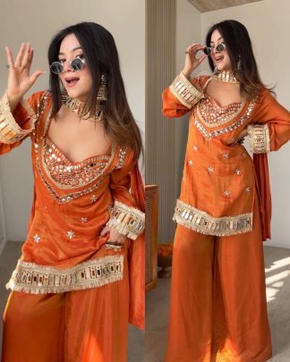 Fancy  Lace Border Work  Orange  Palazzo Suit