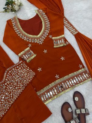 Fancy  Lace Border Work  Orange  Palazzo Suit