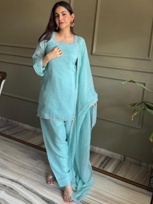 Fancy Lace Work Sky Blue Colour Farshi Salwar Suit