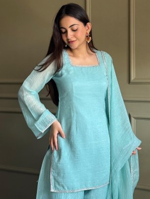 Fancy Lace Work Sky Blue Colour Farshi Salwar Suit