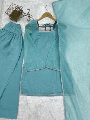 Fancy Lace Work Sky Blue Colour Farshi Salwar Suit
