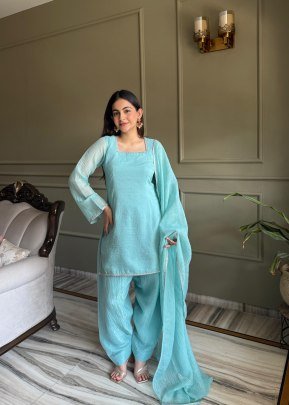 Fancy Lace Work Sky Blue Colour Farshi Salwar Suit