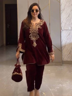 Fancy Maroon Heavy Viscose Velvet Embroidered Top And Bottom