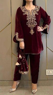 Fancy Maroon Heavy Viscose Velvet Embroidered Top And Bottom