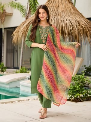 Fancy Mehendi Green Women Rayon Embroidered Kurti Pant Set 