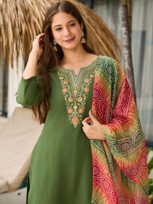 Fancy Mehendi Green Women Rayon Embroidered Kurti Pant Set