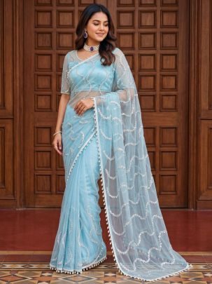 Fancy Moti Lace Work Sky Blue Colour Saree