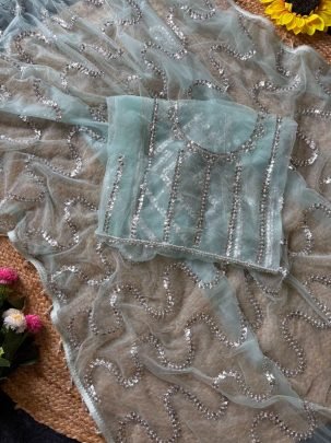 Fancy Moti Lace Work Sky Blue Colour Saree