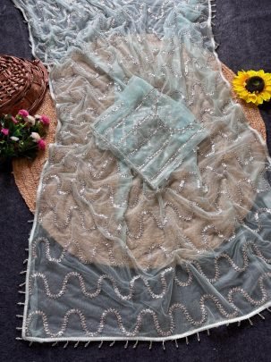 Fancy Moti Lace Work Sky Blue Colour Saree
