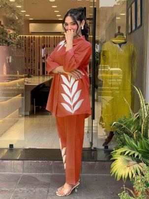 Fancy Orange Cotton Slub Embroidered Summer Co-Ord Set