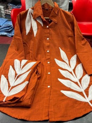 Fancy Orange Cotton Slub Embroidered Summer Co-Ord Set