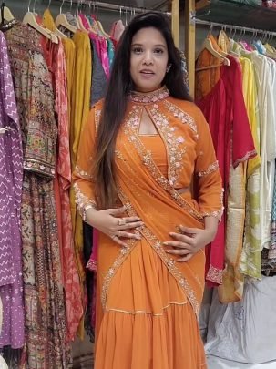 Fancy Orange Faux Georgette Ruffle Ready To Wear Embroidery Saree