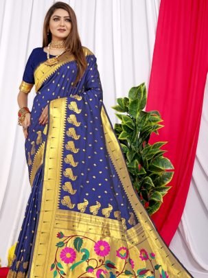 Fancy Paithani Blue Silk Saree With Pure Golden Zari Work