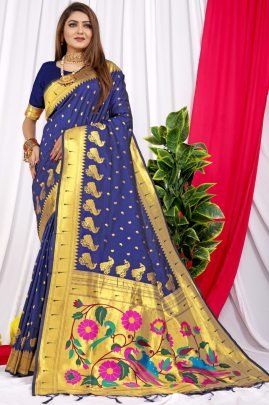 Fancy Paithani Blue Silk Saree With Pure Golden Zari Work