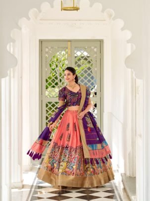 Fancy Peach Dola Silk Kalamkari Print Lehenga With Printed Purple Dupatta And Blouse