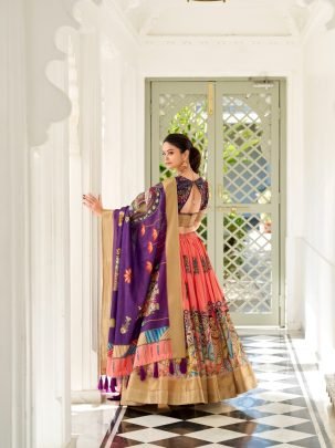 Fancy Peach Dola Silk Kalamkari Print Lehenga With Printed Purple Dupatta And Blouse