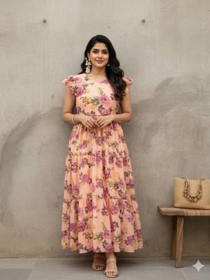 Fancy Peach Flavor Printed Sleeve Less One Peace Dress