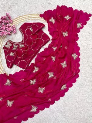Fancy Pink Satin Saree With Khatli Brits Work And Arco Border