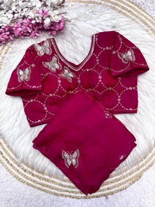 Fancy Pink Satin Saree With Khatli Brits Work And Arco Border