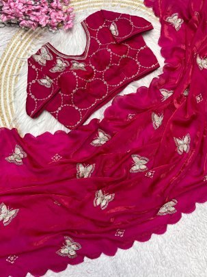 Fancy Pink Satin Saree With Khatli Brits Work And Arco Border