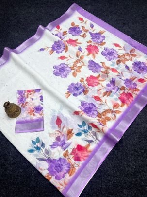 Fancy Plain Linen Fabric Digital Print Work Saree