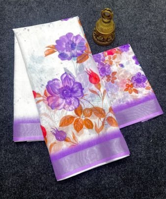 Fancy Plain Linen Fabric Digital Print Work Saree