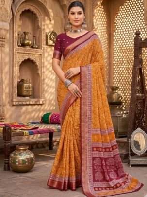 Fancy  Printed  Orange  Colour  Saree