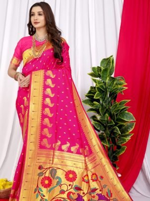 Fancy Pure Paithani Silk Handloom Rani Pink Saree With Pure Gold Zari Work