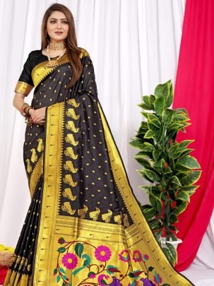 Fancy Pure Paithani Silk Handloom Black Saree Matching Blouse Piece