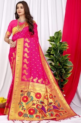 Fancy Pure Paithani Silk Handloom Rani Pink Saree With Pure Gold Zari Work