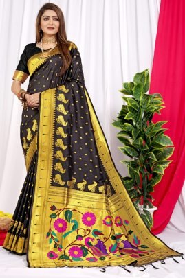 Fancy Pure Paithani Silk Handloom Black Saree Matching Blouse Piece